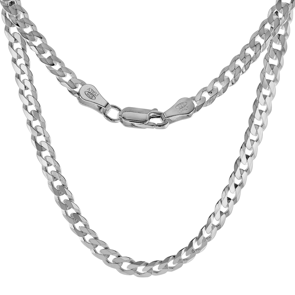 STERLING SILVER 4.5MM FLAT CURB CUBAN CHAIN NECKLACES AND BRACELETS FOR MEN AND WOMEN BEVELED EDGES POLISHED FINISH NICKEL FREE ITALY 7-30 INCH