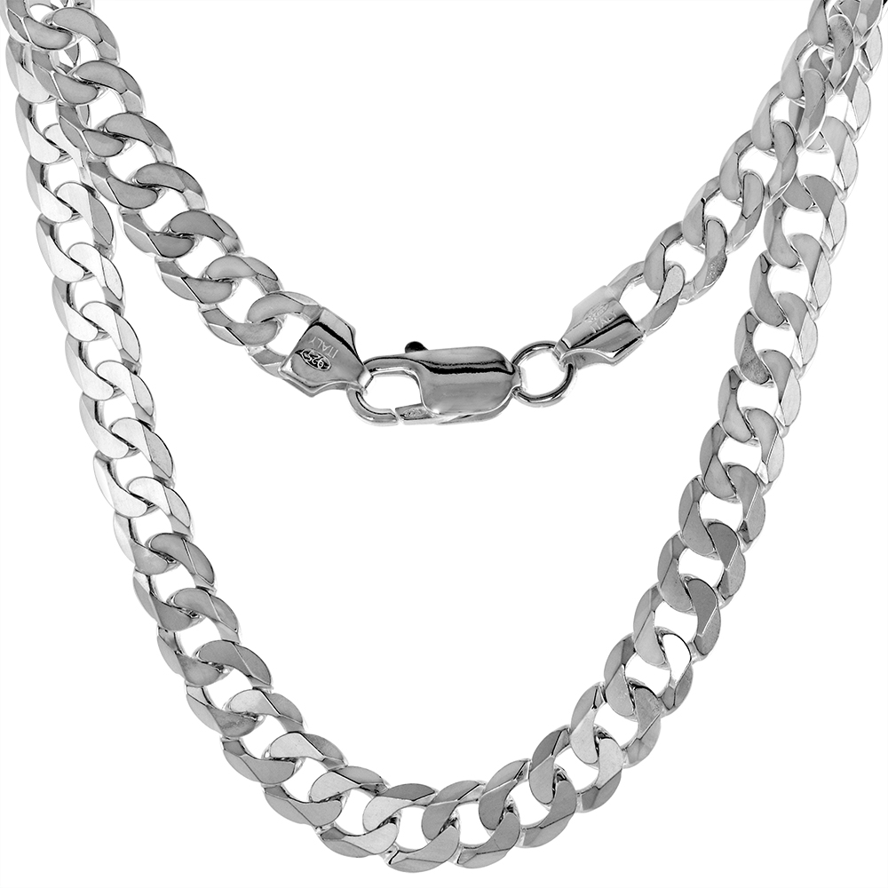STERLING SILVER 8.5MM FLAT CURB CHAIN CUBAN NECKLACES AND BRACELETS FOR MEN AND WOMEN BEVELED EDGES POLISHED FINISH NICKEL FREE ITALY 7-30 INCH
