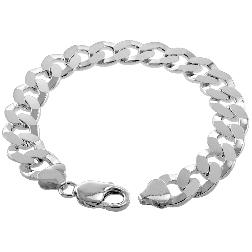 Thick Sterling Silver 12.5mm Flat Curb Cuban Chain Bracelets for Men Straight Edges Polished Finish Nickel Free Italy 8-9 inch