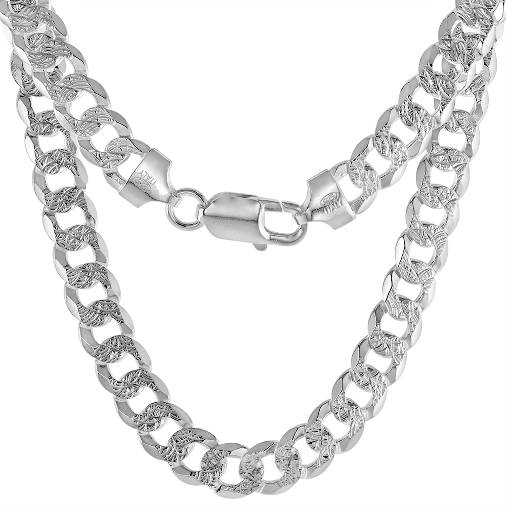 Sterling Silver 8mm Flat Curb Pave Cuban Chain Necklaces &amp; Bracelets for Men Beveled Edges Diamond Cut Nickel Free Italy sizes 8-28 inch