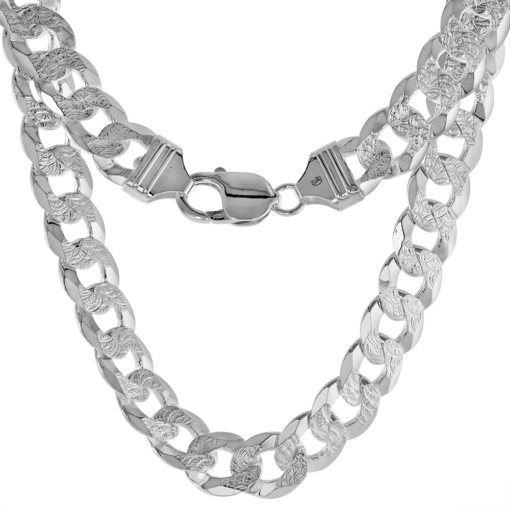 STERLING SILVER 11MM FLAT CURB PAVE CUBAN CHAIN NECKLACES & BRACELETS FOR MEN BEVELED EDGES DIAMOND CUT NICKEL FREE ITALY SIZES 8-28 INCH