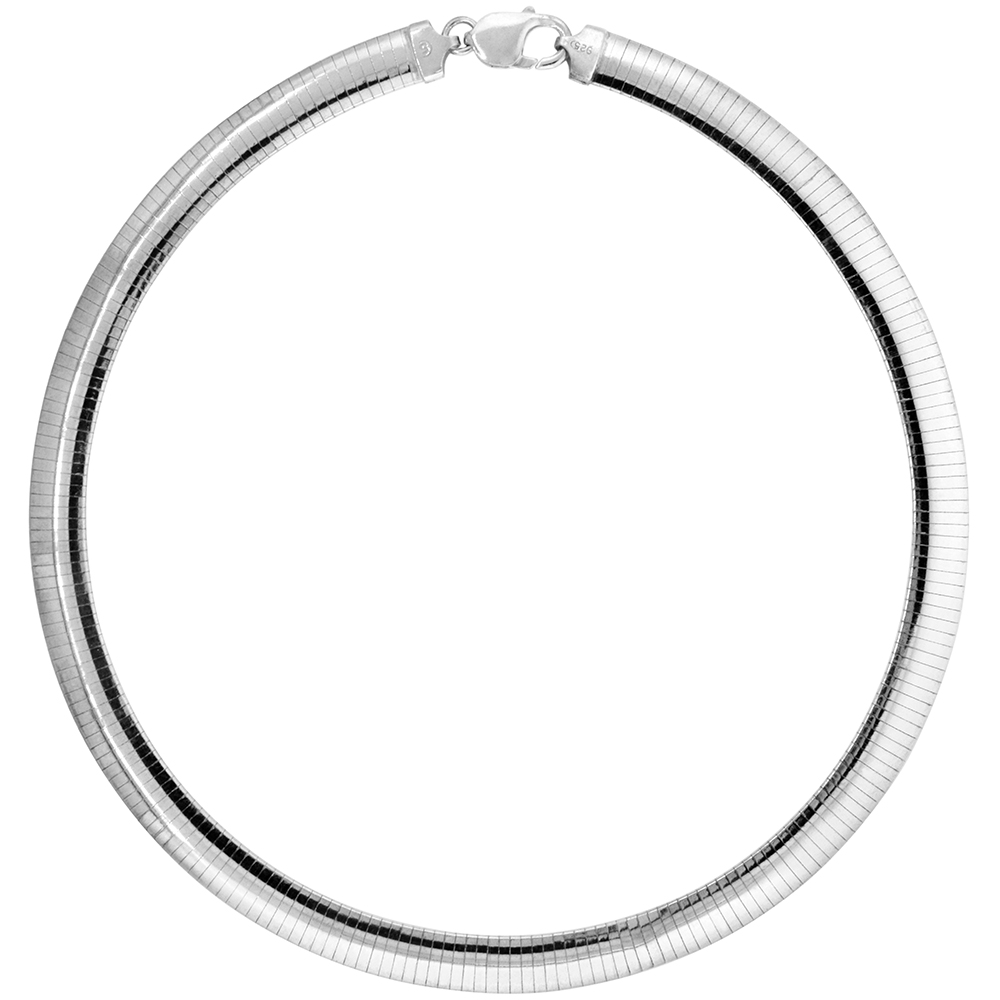 STERLING SILVER 10MM OMEGA NECKLACE FOR WOMEN NICKEL FREE ITALY 3/8 INCH WIDE, SIZES 7 - 20 INCH