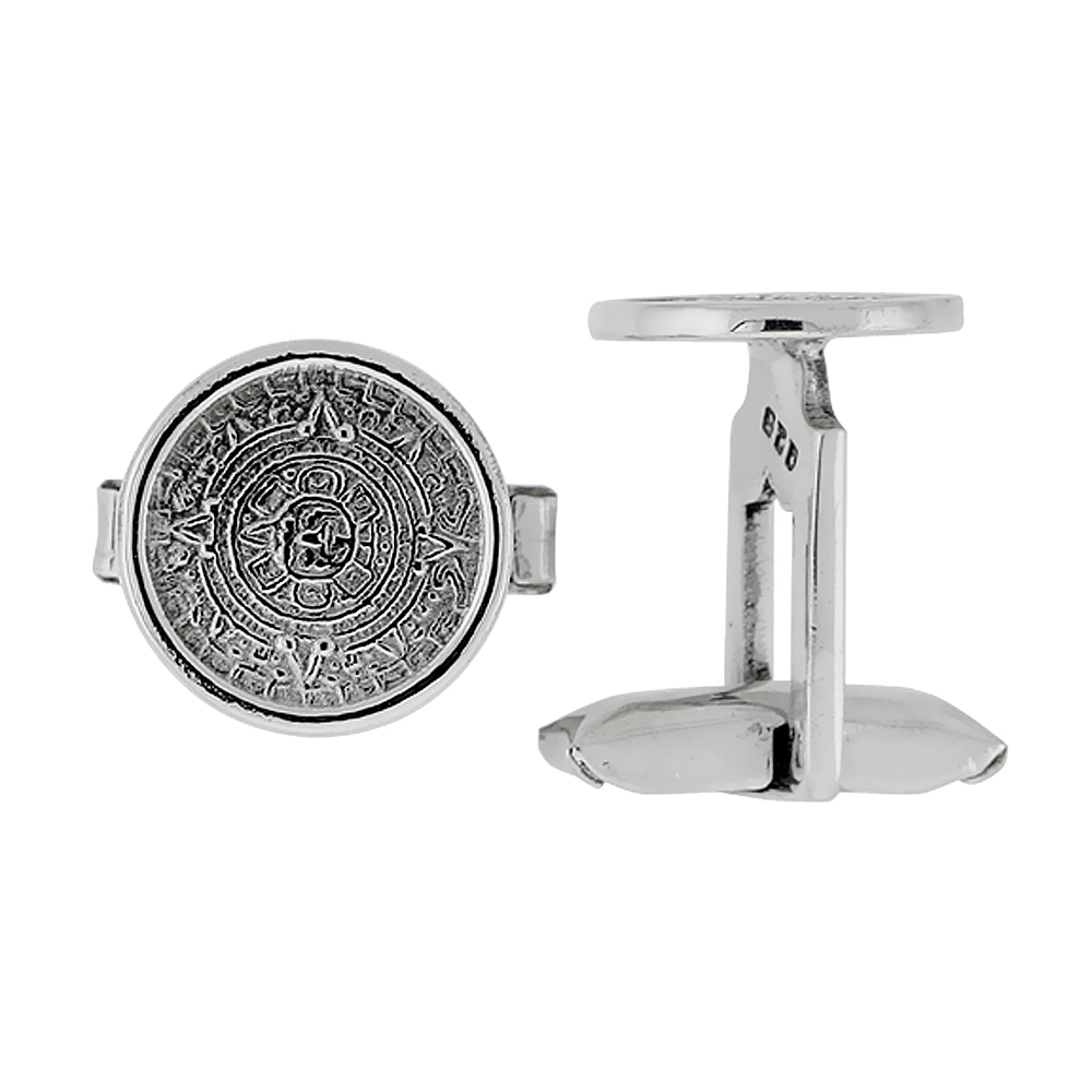 Sterling Silver Aztec Calendar Round Cufflinks for Men Swivel Bar 5/8 inch wide