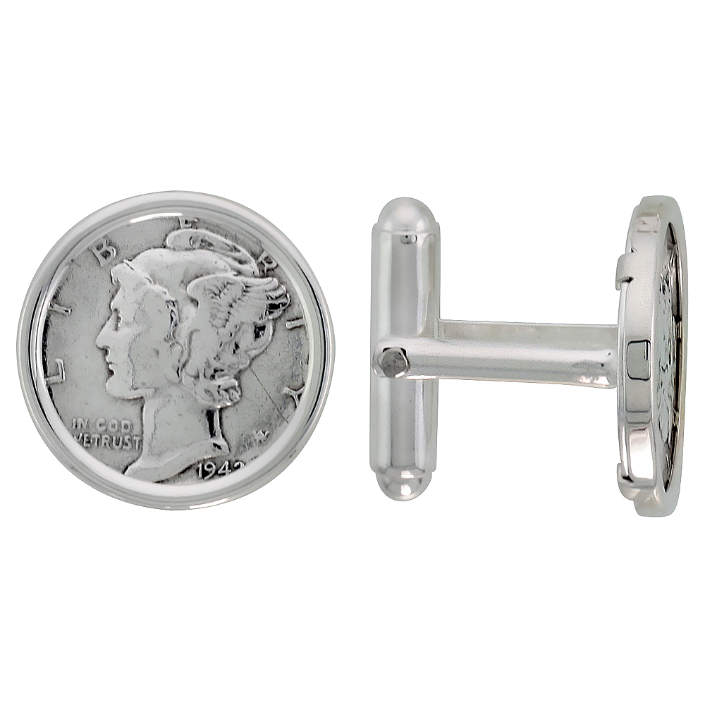 Sterling Silver Mercury Dime (1916 - 1945) Coin Cufflinks Prong Back Polished Bezel w/ Gift Box