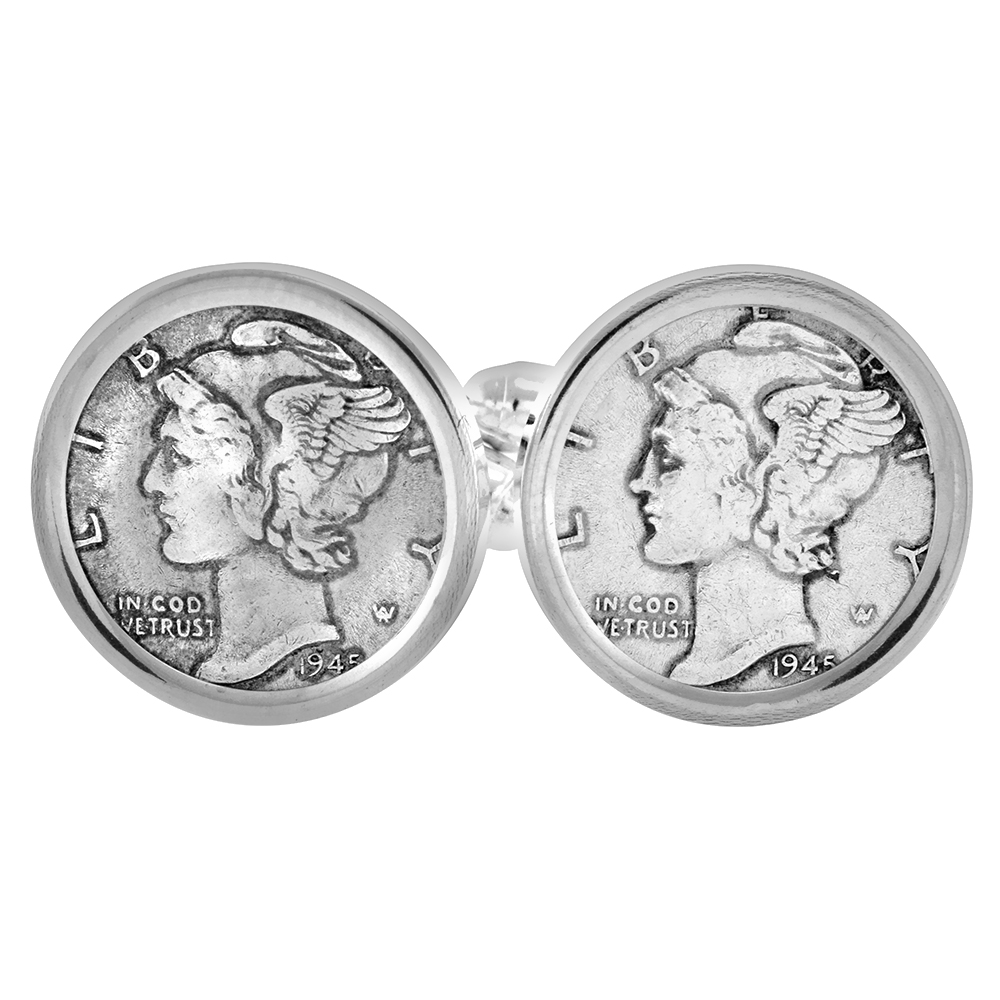 Sterling Silver Mercury Dime Cufflinks for Men Prong Back Polished Bezel w/ Gift Box (1916 - 1945)