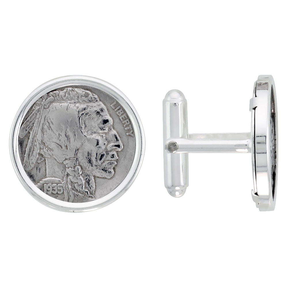 Sterling Silver Buffalo Nickel (1913 - 1938) Coin Cufflinks Prong Back Polished Bezel w/ Gift Box