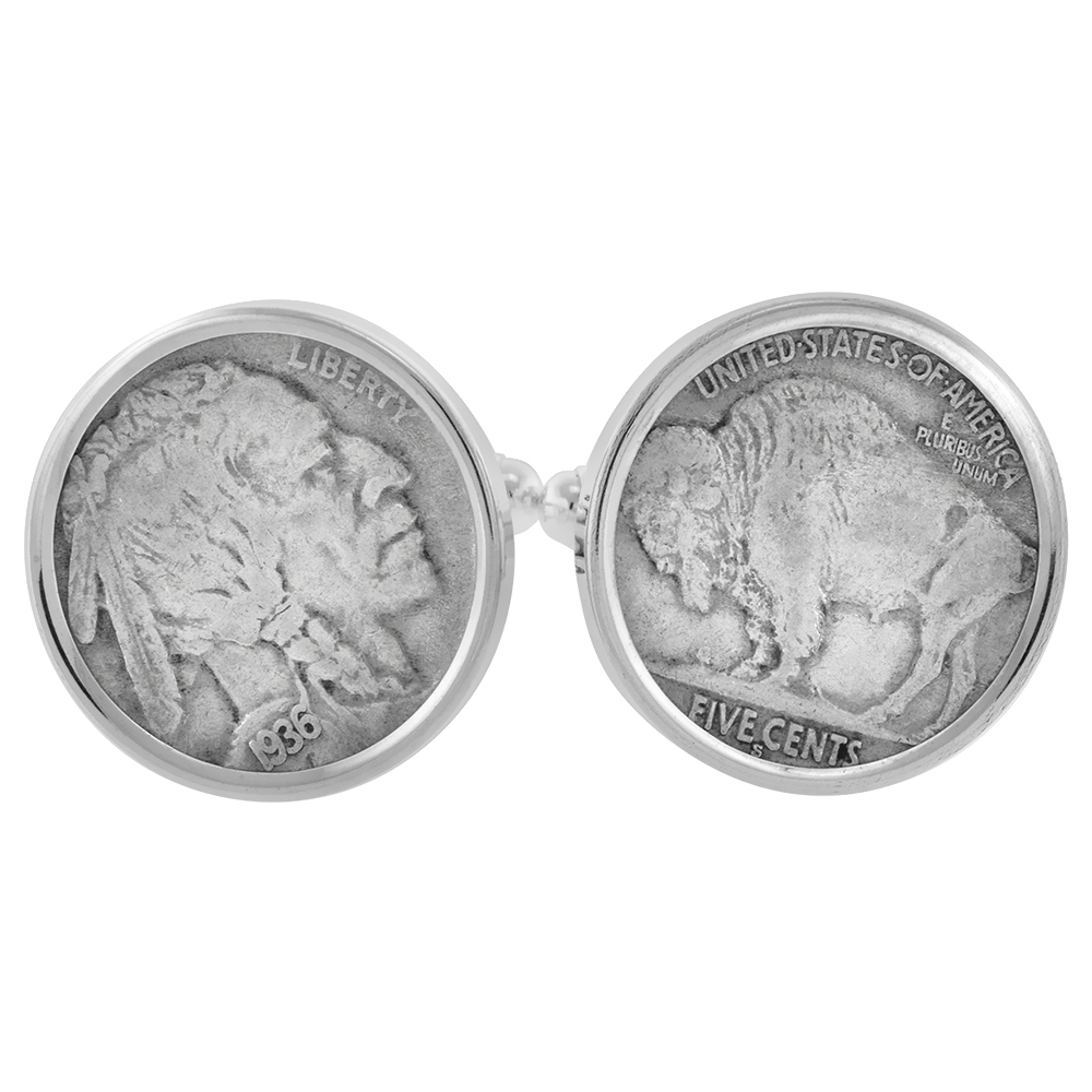 Sterling Silver Buffalo Nickel Cufflinks for Men Prong Back Polished Bezel w/ Gift Box (1913 - 1938)