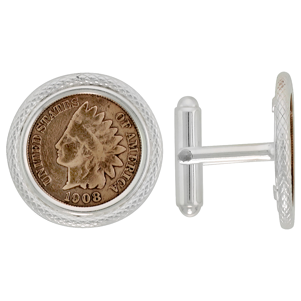 STERLING SILVER INDIAN HEAD CENT (1859 - 1909) COIN CUFFLINKS PRONG BACK PIPE BEZEL W/ GIFT BOX