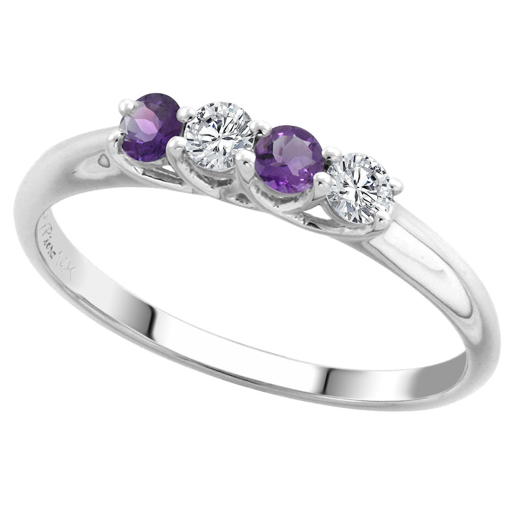 14k White Gold Genuine Emerald and Diamond 4-Stone Ring Round Brilliant cut 0.17ct 2.7mm, size 5-10