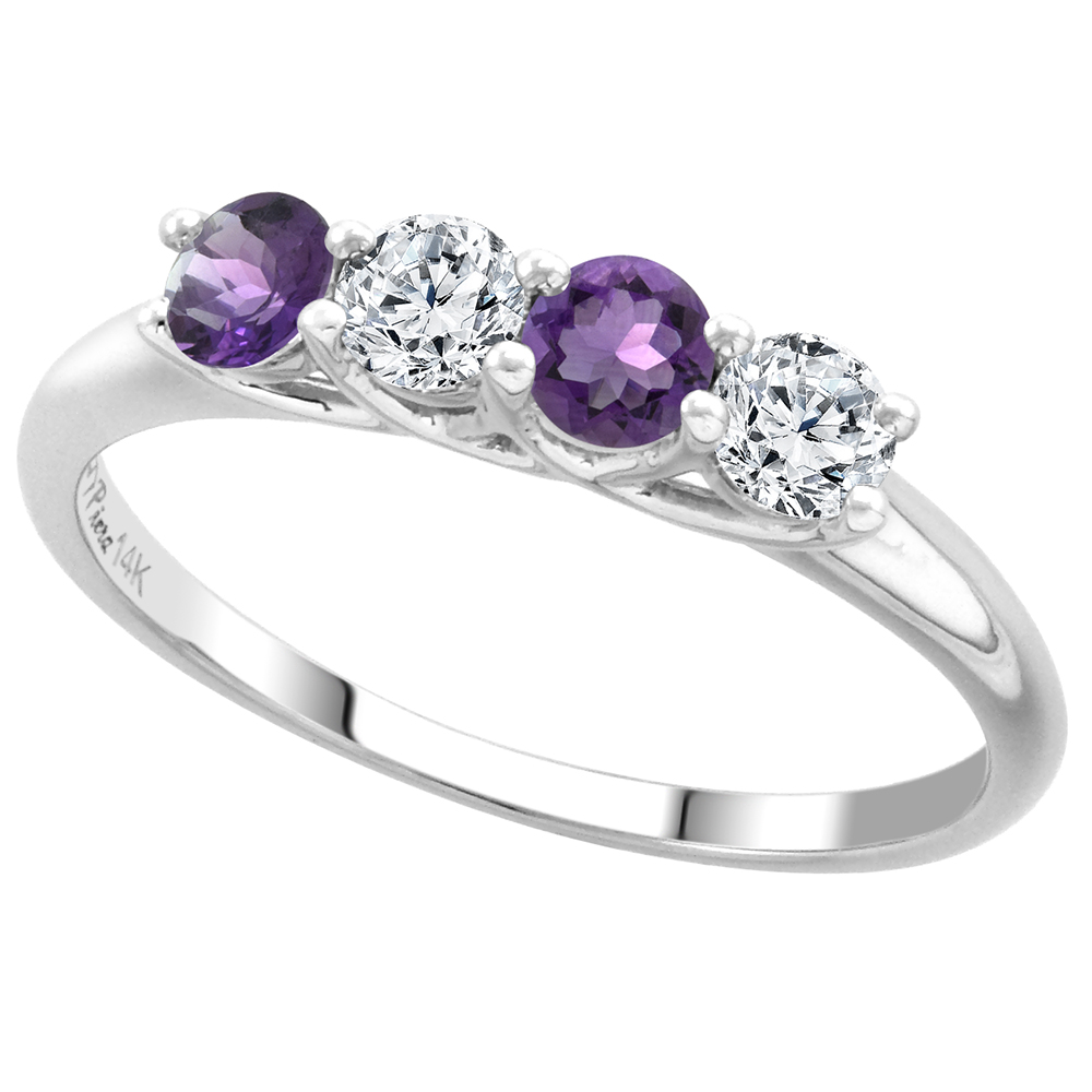 14k White Gold Genuine Emerald and Diamond 4-Stone Ring Round Brilliant cut 0.28ct 3.2mm, size 5-10