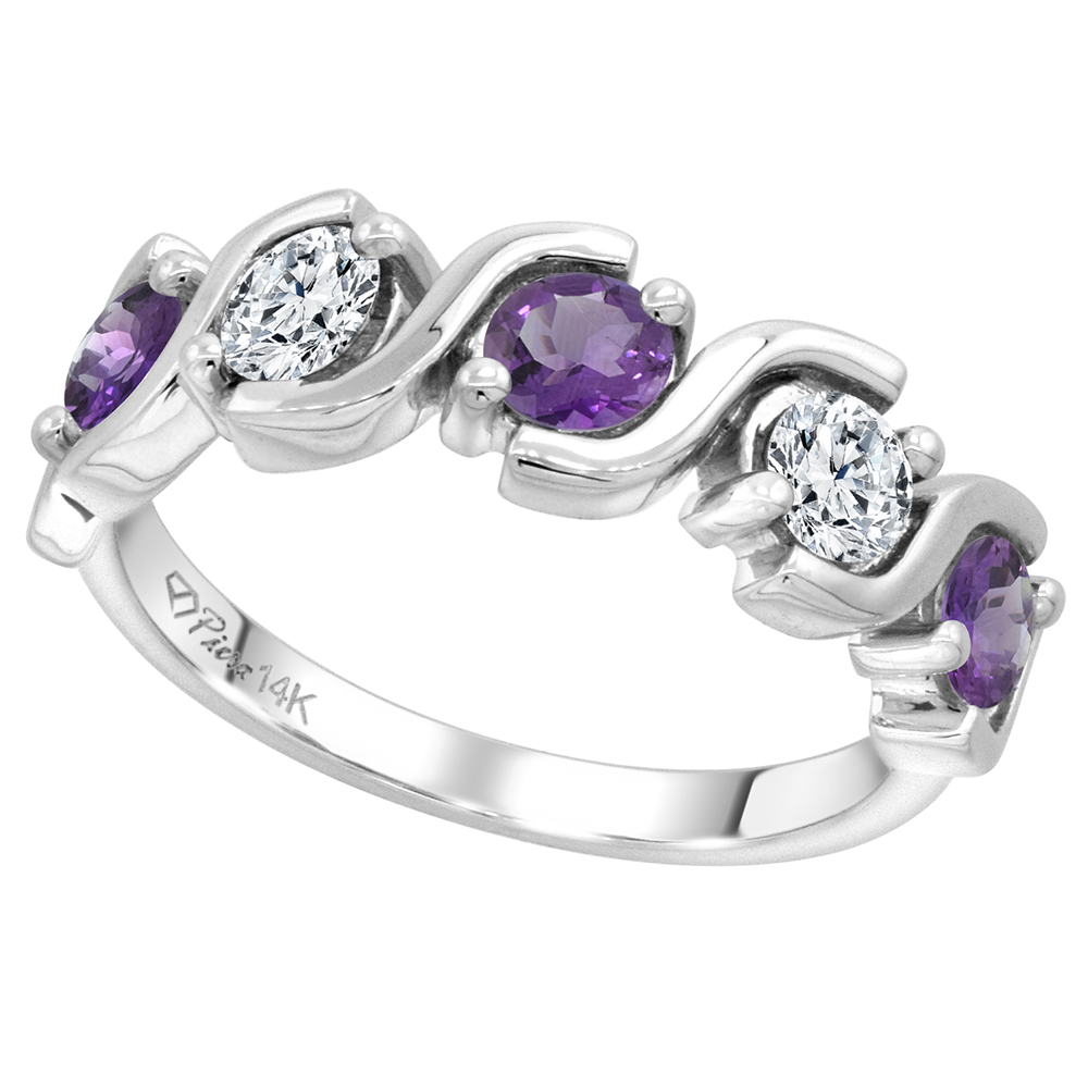 14k White Gold 5-Stone Genuine Amethyst and Diamond Ring Round Brilliant cut 0.4ct 3.7mm, size 5-10