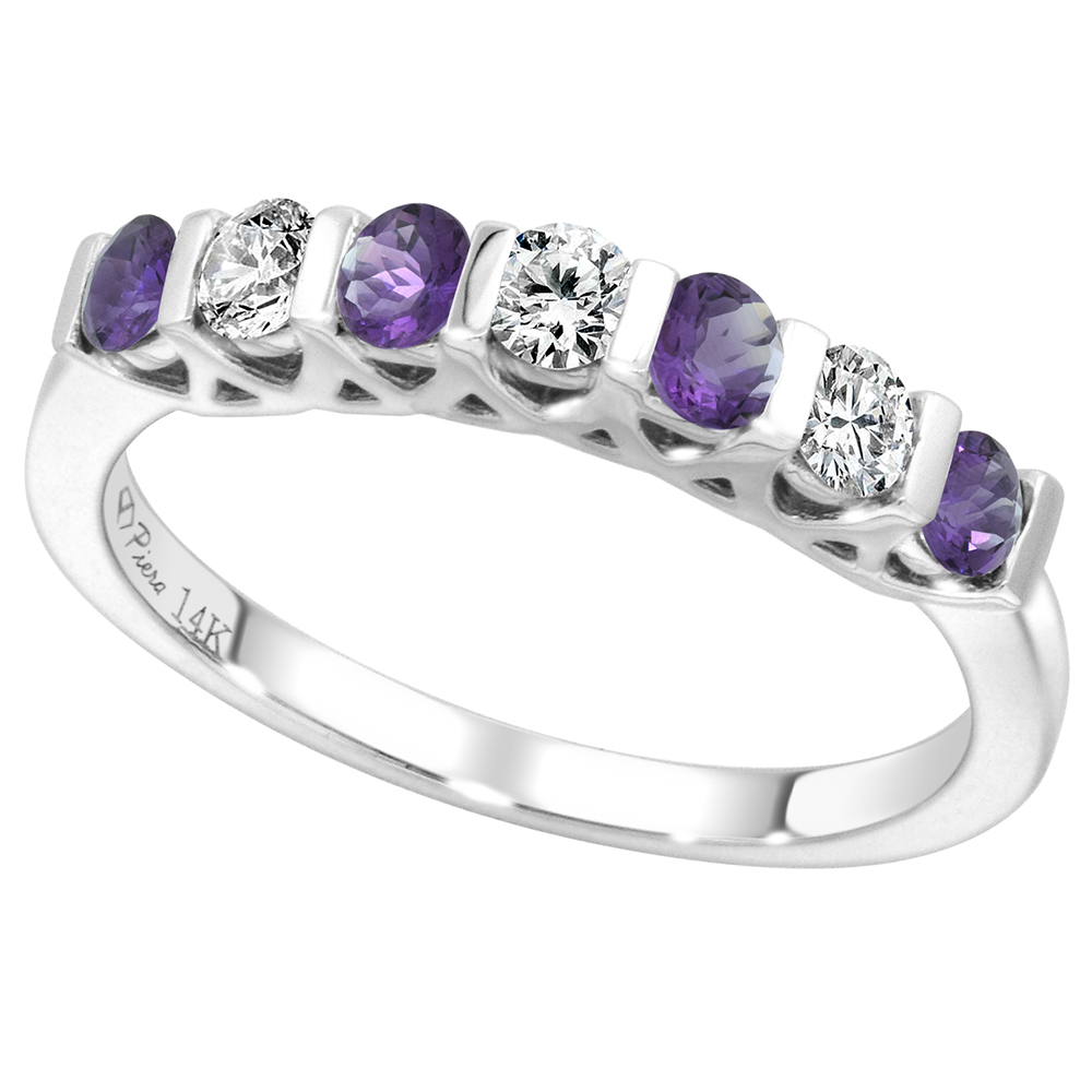 14k White Gold Genuine Green Amethyst & Diamond 7-Stone Ring Round Brilliant cut 0.3cttw 2.8mm, size 5-10