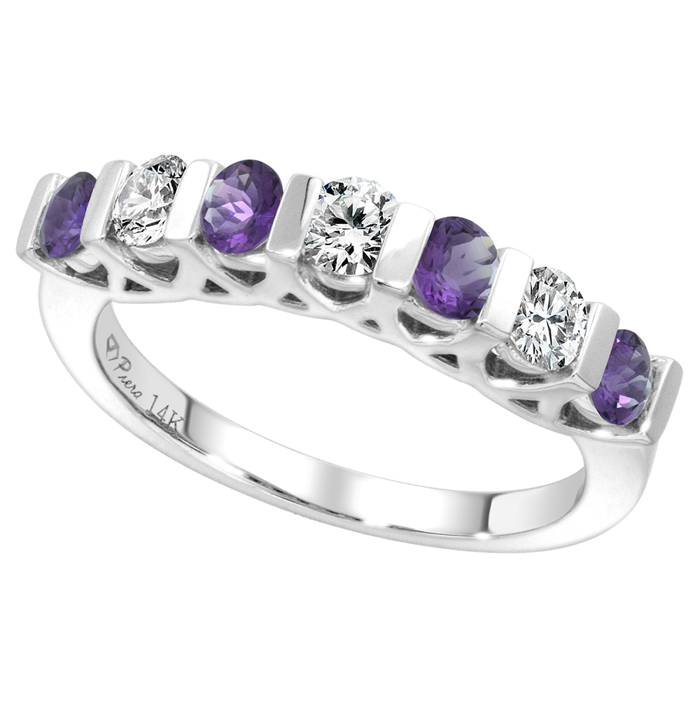 14k White Gold Genuine Aquamarine and Diamond 7-Stone Ring Round Brilliant cut 0.35cttw 3mm, size 5-10