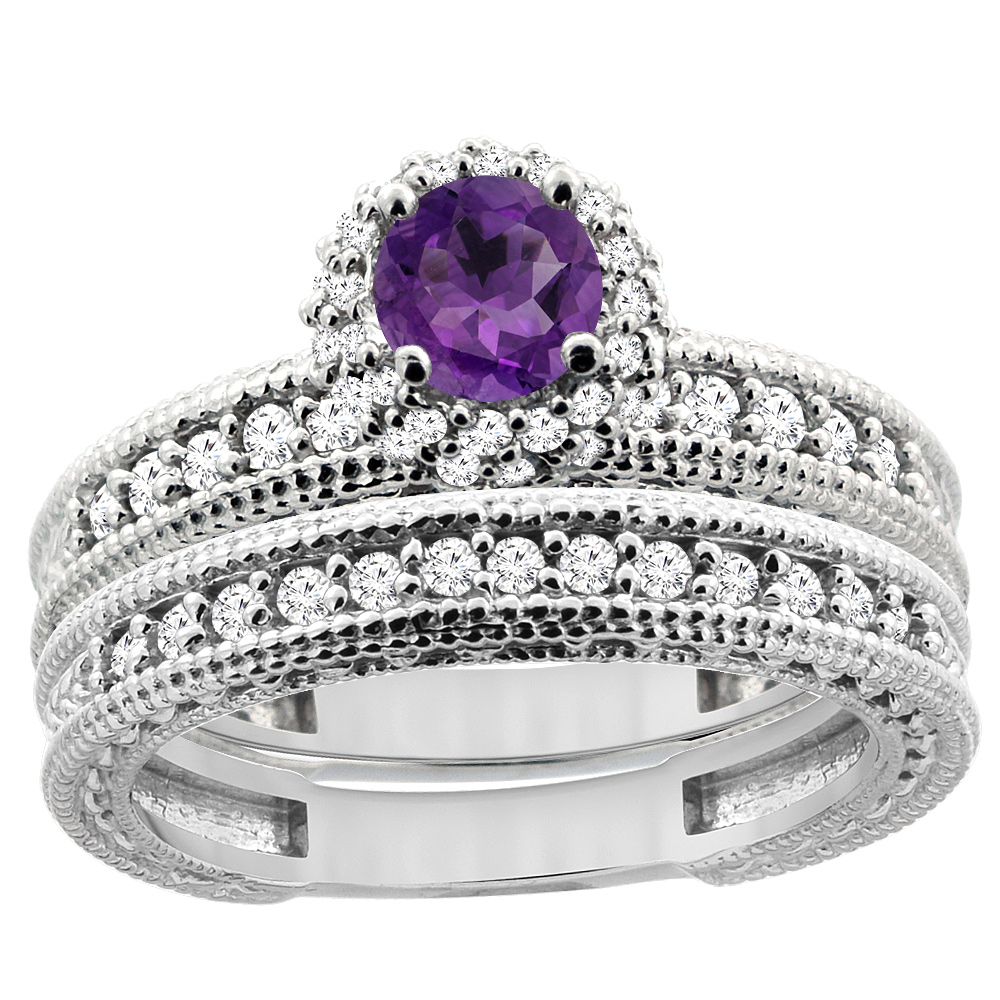 14K White Gold Diamond Natural Amethyst Round 4mm Engagement Ring 2-piece Set, sizes 5 - 10