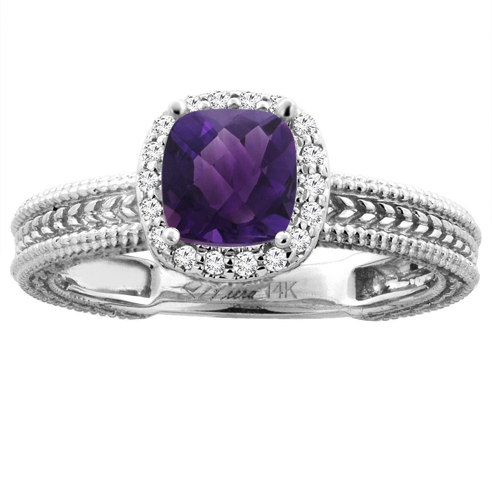 14K White Gold Diamond Natural Amethyst Engagement Ring Cushion 7x7 mm, sizes 5-10