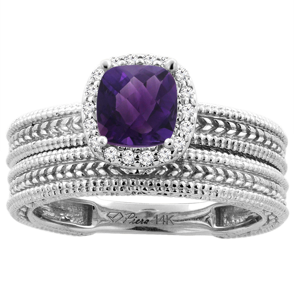 14K White Gold Diamond Natural Amethyst 2-pc Engagement Ring Set Cushion 7x7 mm, sizes 5-10