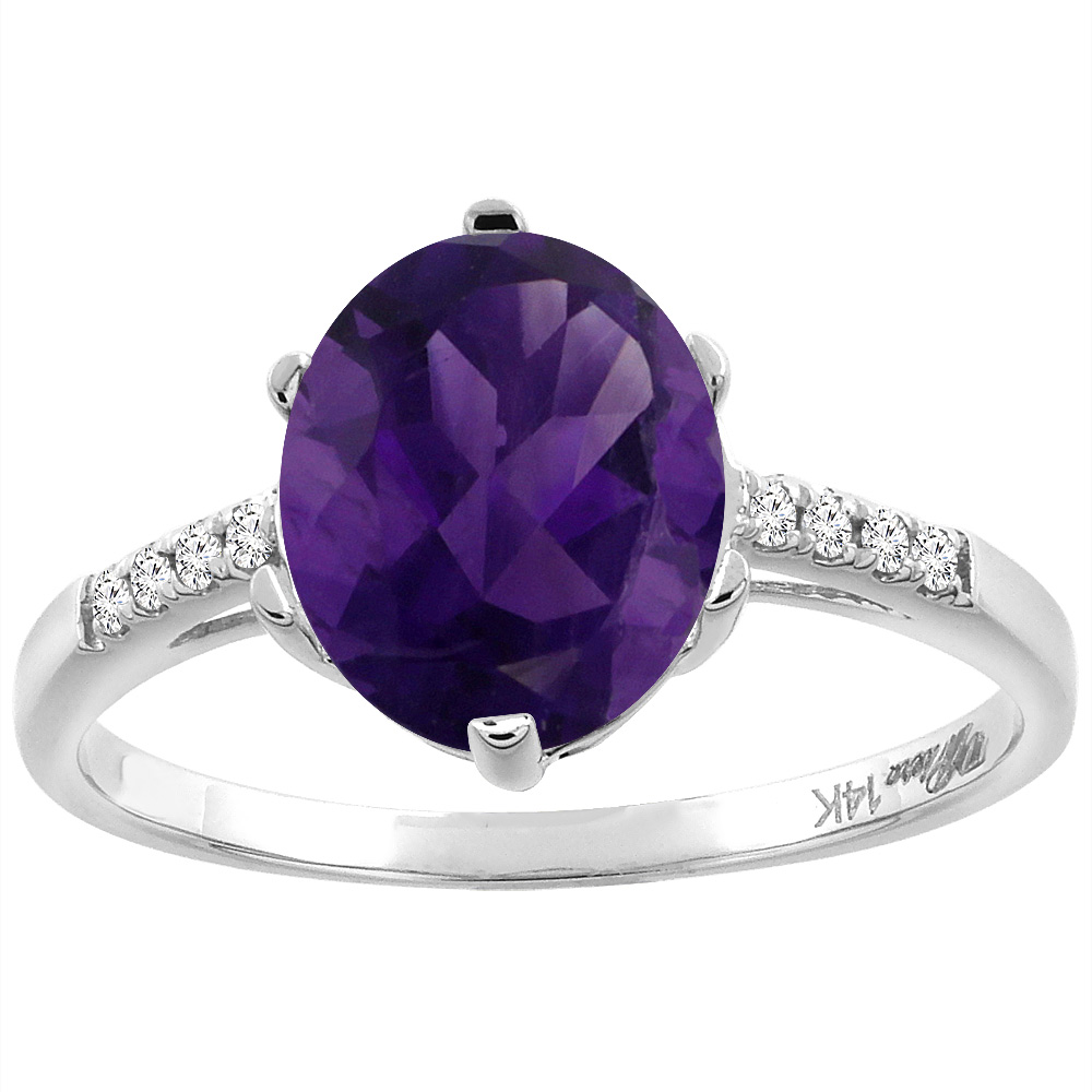 14K White Gold Natural Amethyst & Diamond Ring Oval 10x8 mm, sizes 5-10