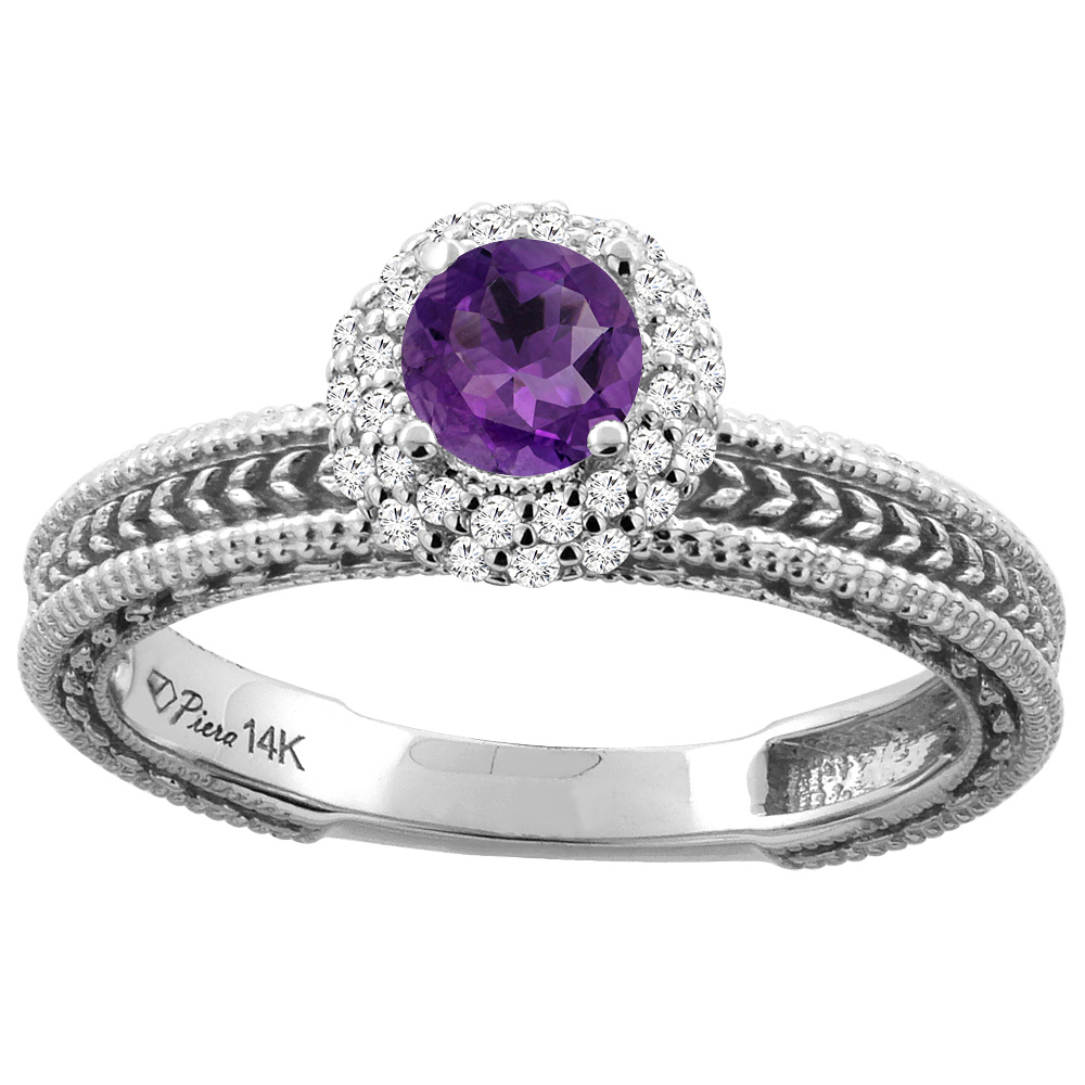 14K Yellow Gold Natural Amethyst &amp; Diamond Engagement Ring Round 5 mm, sizes 5-10