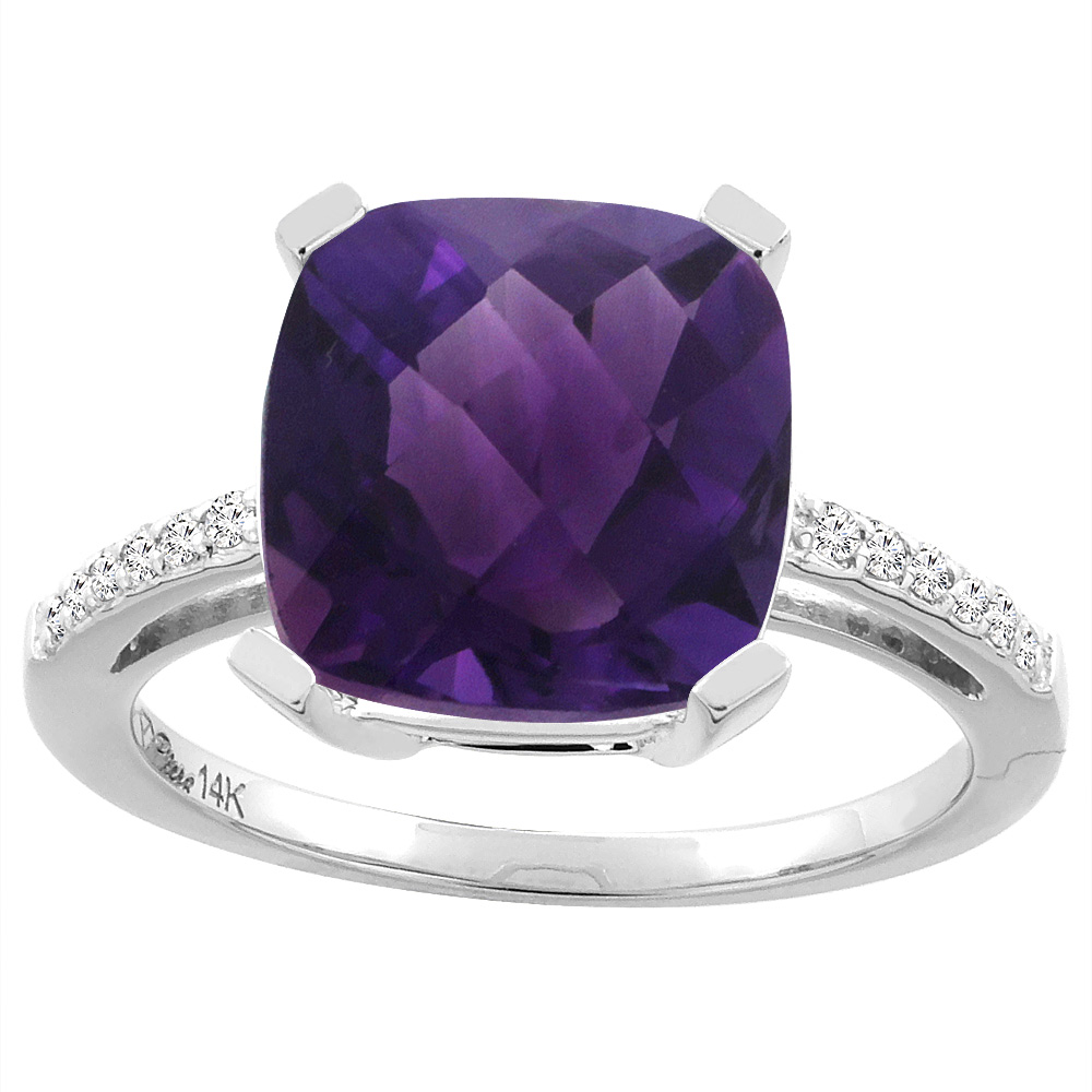 14K Yellow Gold Natural Amethyst & Diamond Ring Cushion-cut 12x10 mm, sizes 5-10