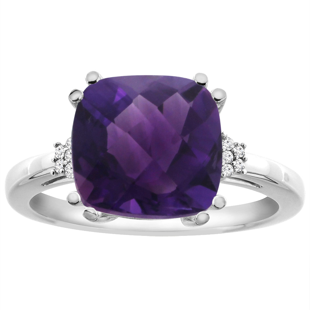 14K Yellow Gold Diamond Natural Amethyst Engagement Ring Cushion-cut 10x10 mm, sizes 5-10