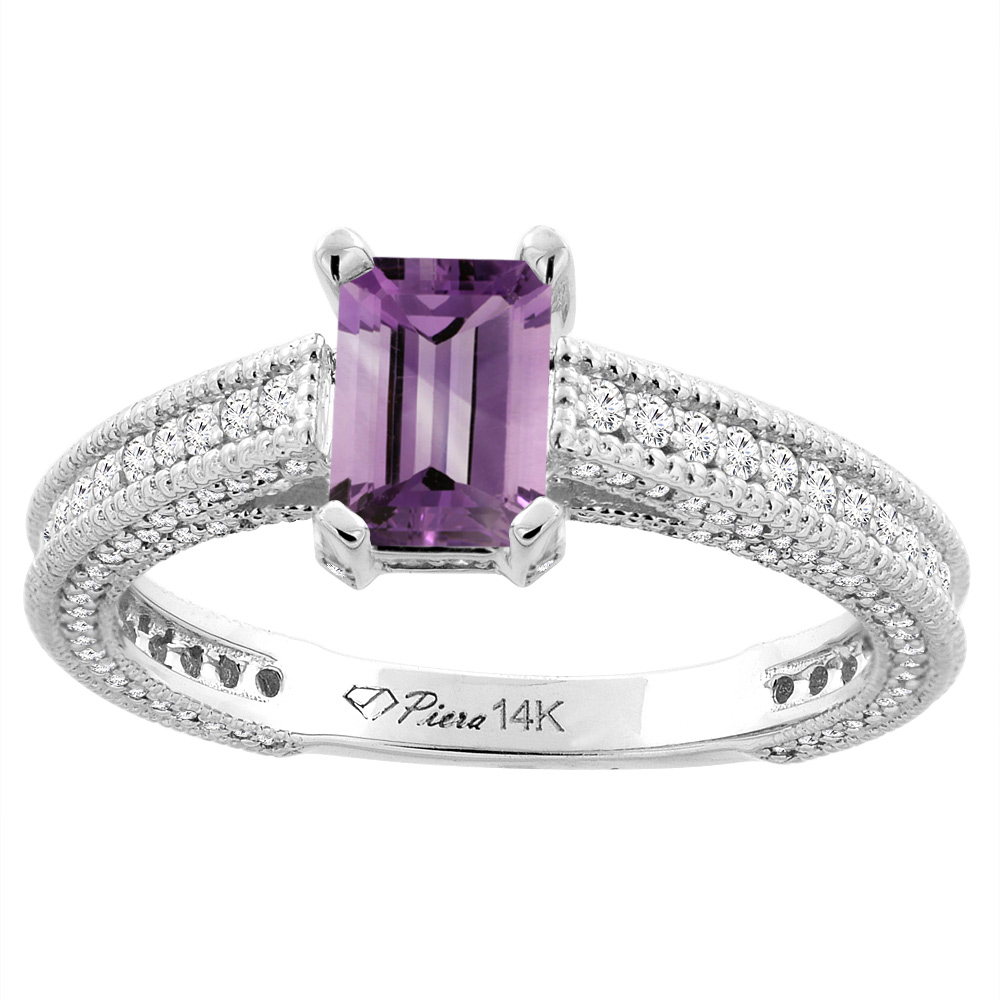 14K White Gold Natural Amethyst & Diamond Ring Octagon 7x5 mm, sizes 5-10