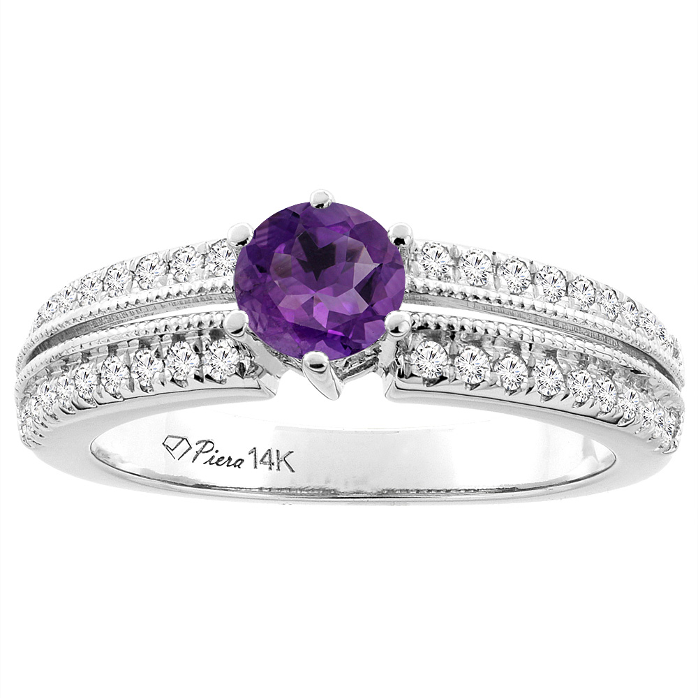 14K White Gold Natural Amethyst &amp; Diamond Ring Round 6 mm, sizes 5-10