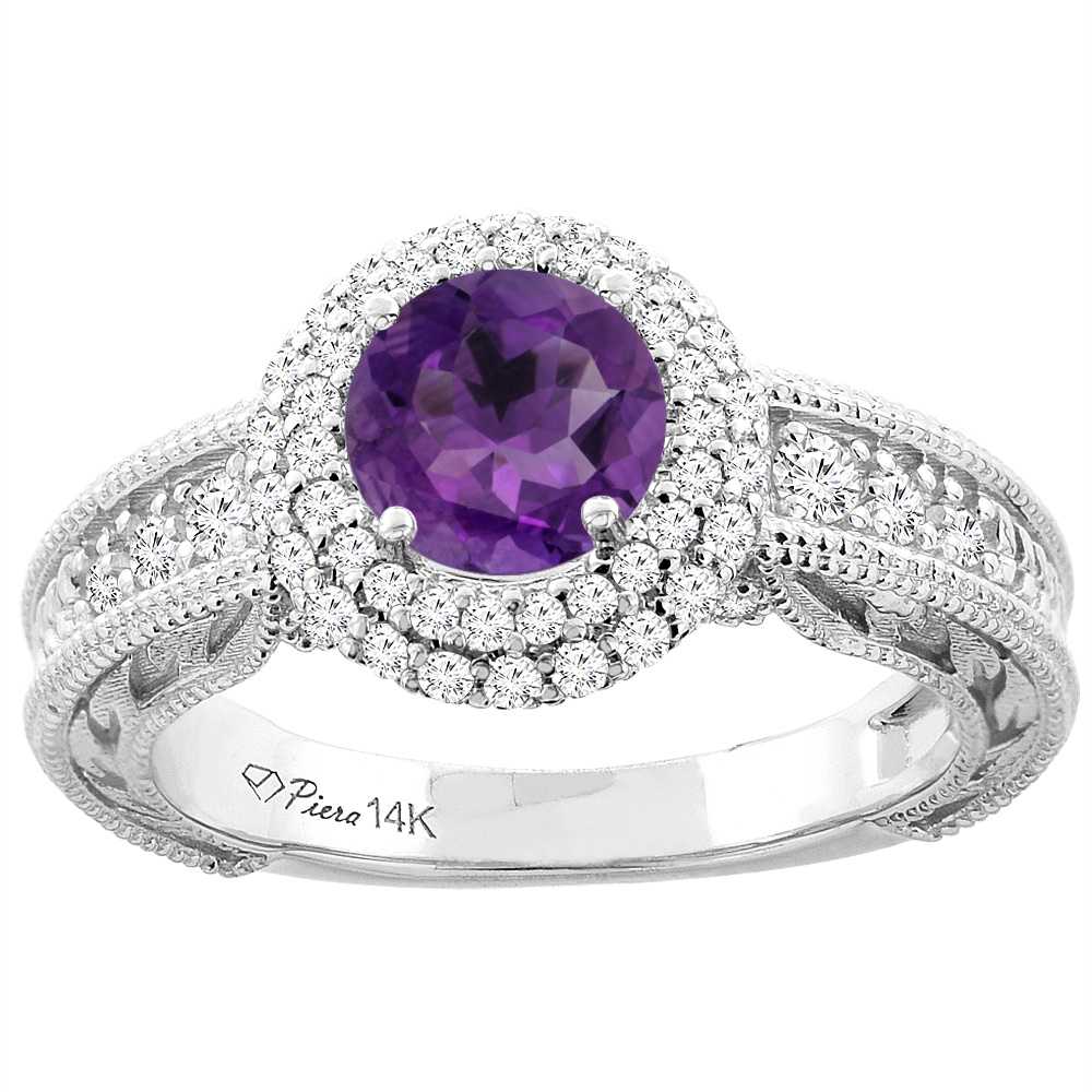 14K Yellow Gold Natural Amethyst &amp; Diamond Halo Ring Round 6 mm, sizes 5-10