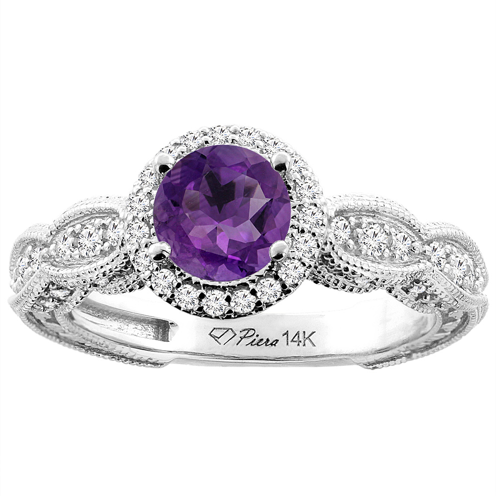 14K White Gold Natural Amethyst &amp; Diamond Halo Ring Round 6 mm, sizes 5-10