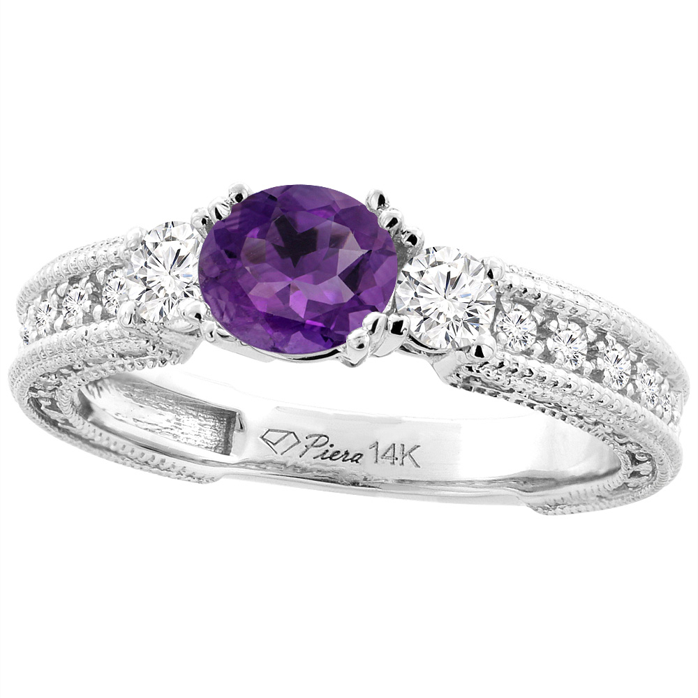 14K White Gold Natural Amethyst & Diamond Ring Round 6 mm, sizes 5-10