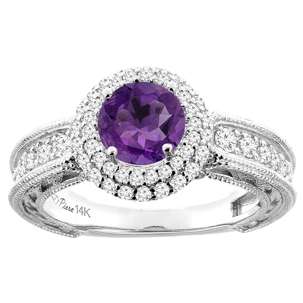 14K White Gold Natural Amethyst &amp; Diamond Halo Ring Round 6 mm, sizes 5-10