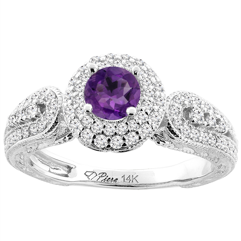 14K White Gold Natural Amethyst &amp; Diamond Halo Ring Round 5 mm, sizes 5-10