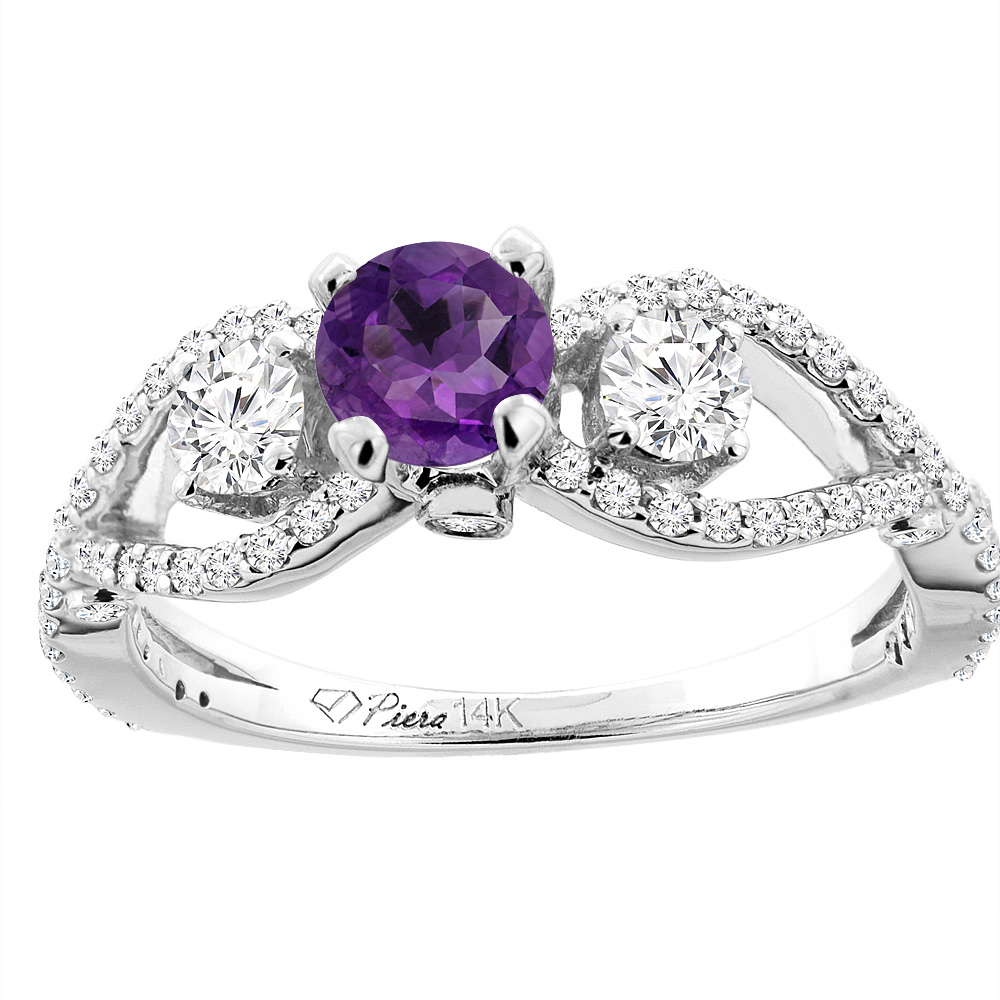 14K White Gold Natural Amethyst &amp; Diamond Ring Round 6 mm, sizes 5-10