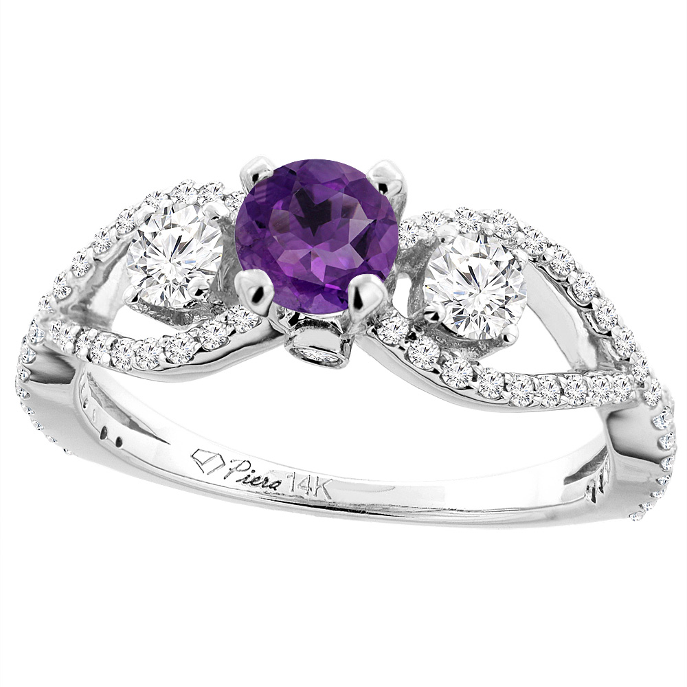 14K White Gold Natural Amethyst & Diamond Ring Round 6 mm, sizes 5-10