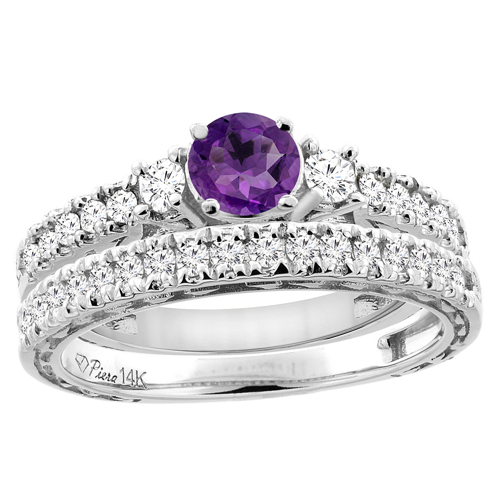 14K White Gold Diamond Natural Amethyst Engagement 2-pc Ring Set Engraved Round 6 mm, sizes 5 - 10