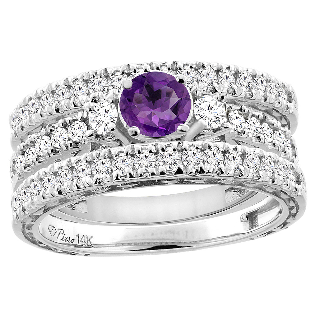 14K White Gold Diamond Natural Amethyst Engagement 3-pc Ring Set Engraved Round 6 mm, sizes 5 - 10