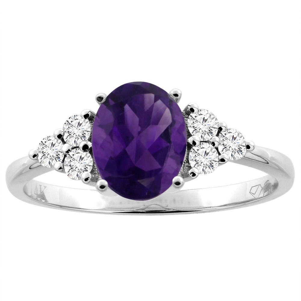 14K Gold Natural Amethyst Ring Oval 8x6 mm Diamond Accents, sizes 5 - 10