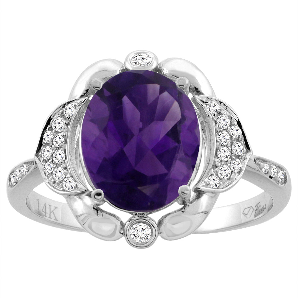 14K White Gold Diamond Natural Amethyst Engagement Ring Oval 10x8mm, sizes 5-10