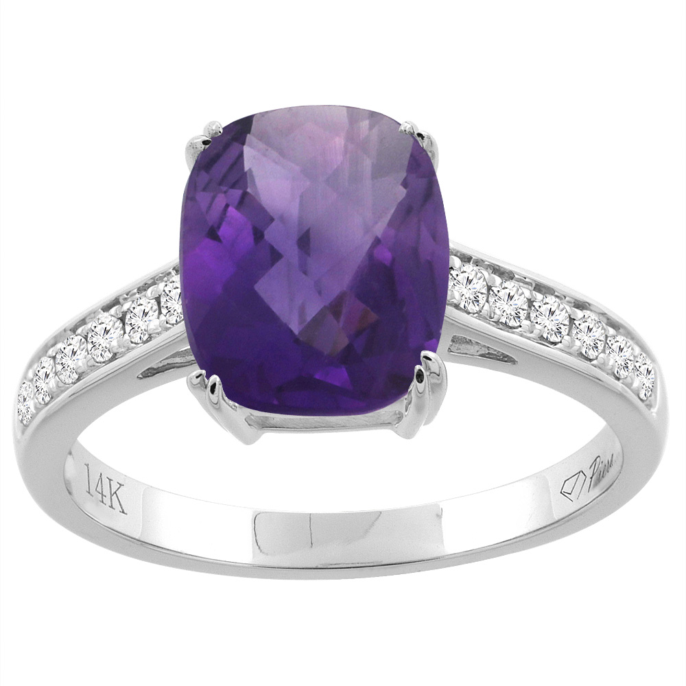 14K Gold Natural Amethyst Ring Cushion Cut 9x7 mm Diamond Accents, sizes 5 - 10