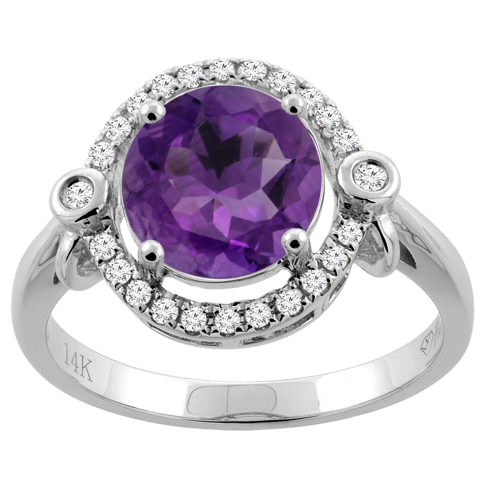 14K White Gold Diamond Natural Amethyst Engagement Ring Oval 10x8mm, sizes 5-10
