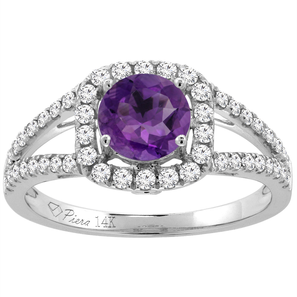 14K White Gold Diamond Natural Amethyst Engagement Halo Ring Round 7 mm, sizes 5-10