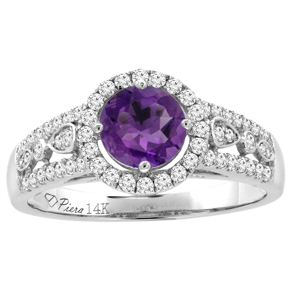 14K White Gold Diamond Natural Amethyst Engagement Halo Ring Round 7 mm, sizes 5-10