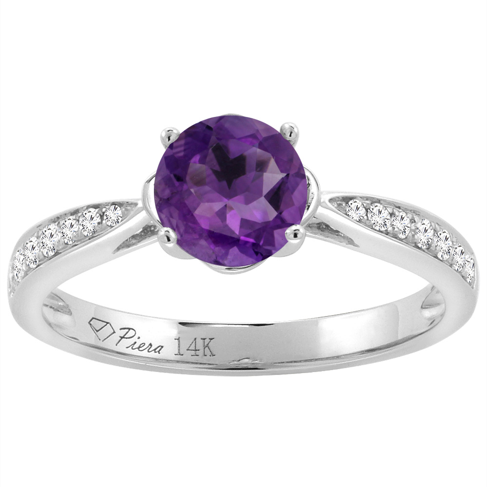 14K White Gold Diamond Natural Amethyst Engagement Ring Round 7 mm, sizes 5-10