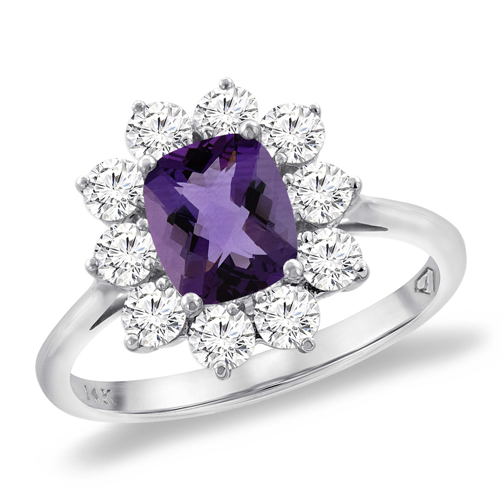 14K White Gold Diamond Natural Amethyst Engagement Ring 8x6 mm Cushion, sizes 5 -10