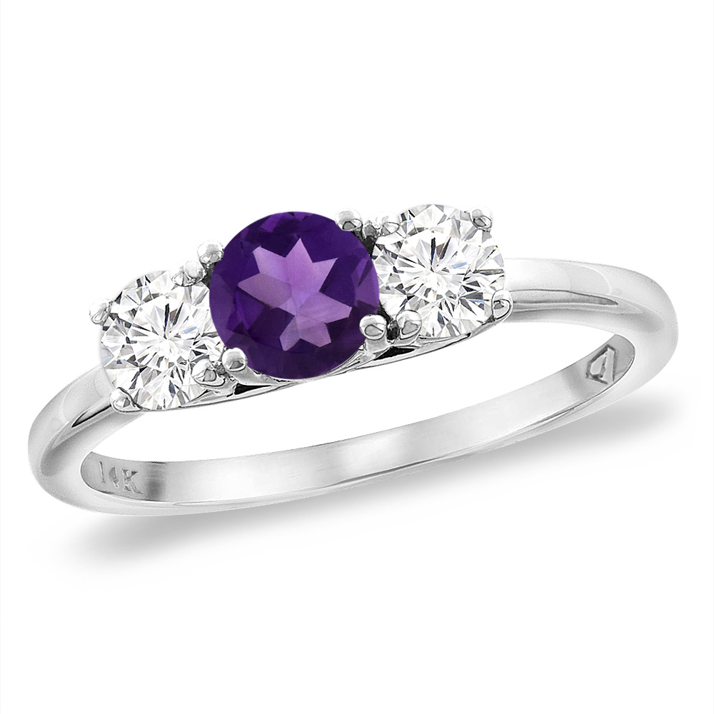 14K White Gold Diamond Natural Amethyst Engagement Ring 5mm Round, sizes 5 -10