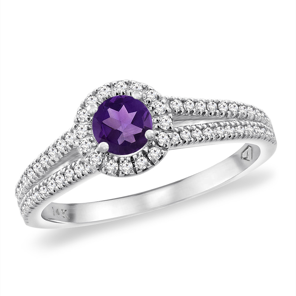 14K White Gold Natural Amethyst Split Shank Diamond Halo Engagement Ring 4mm Round, sizes 5 -10