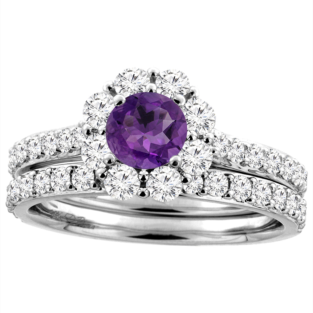 14K White Gold Diamond Natural Amethyst Halo Engagement Ring Set Round 5 mm, sizes 5-10