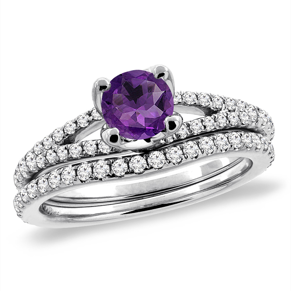 14K White Gold Diamond Natural Amethyst 2pc Engagement Ring Set Round 5 mm, sizes 5-10