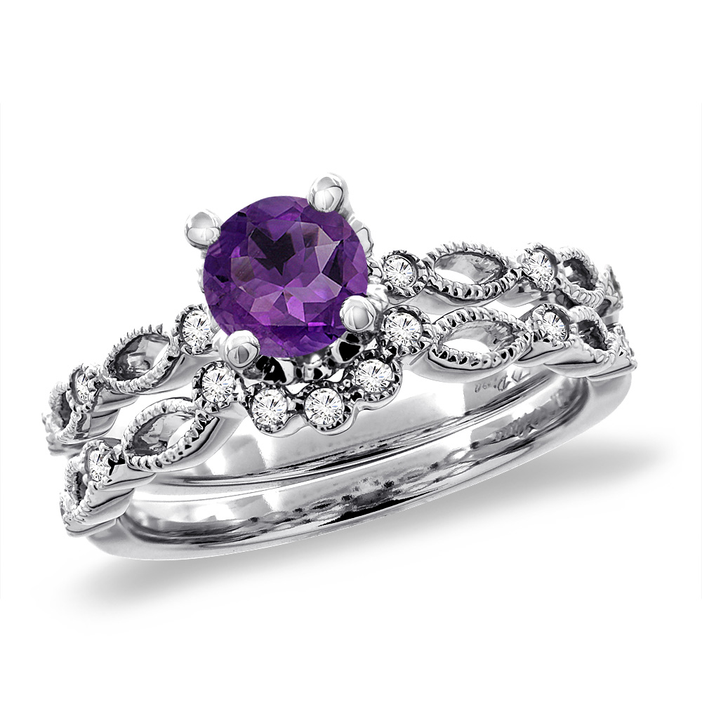 14K White Gold Diamond Natural Amethyst 2pc Engagement Ring Set Round 5 mm, sizes 5 - 10
