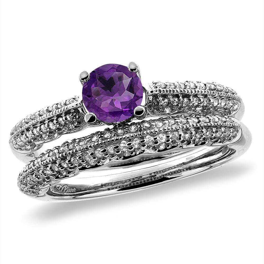 14K White/Yellow Gold Diamond Natural Amethyst 2pc Engagement Ring Set Round 5 mm, sizes 5-10