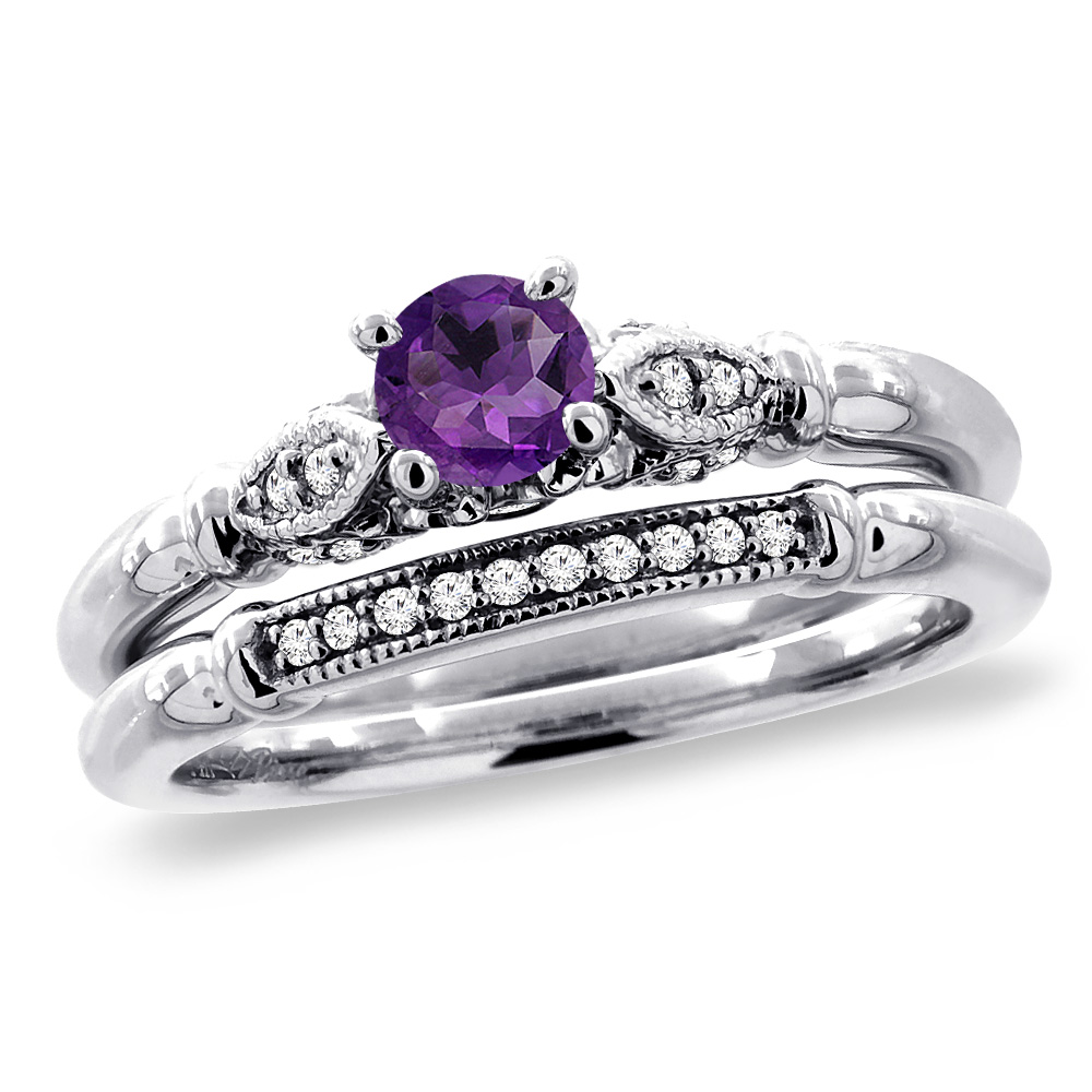 14K White Gold Diamond Natural Amethyst 2pc Engagement Ring Set Round 4 mm, sizes 5 -10